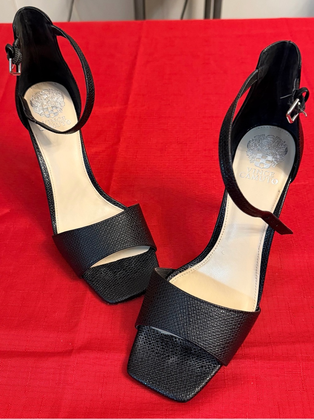 Vince Camuto Black Textured Leather Ankle-Strap Heels